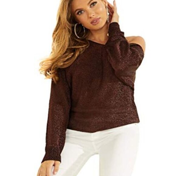Small GUESS Long Sleeve Catrina Off The Shoulder Lurex Cord Sweater - Picture 4 of 9